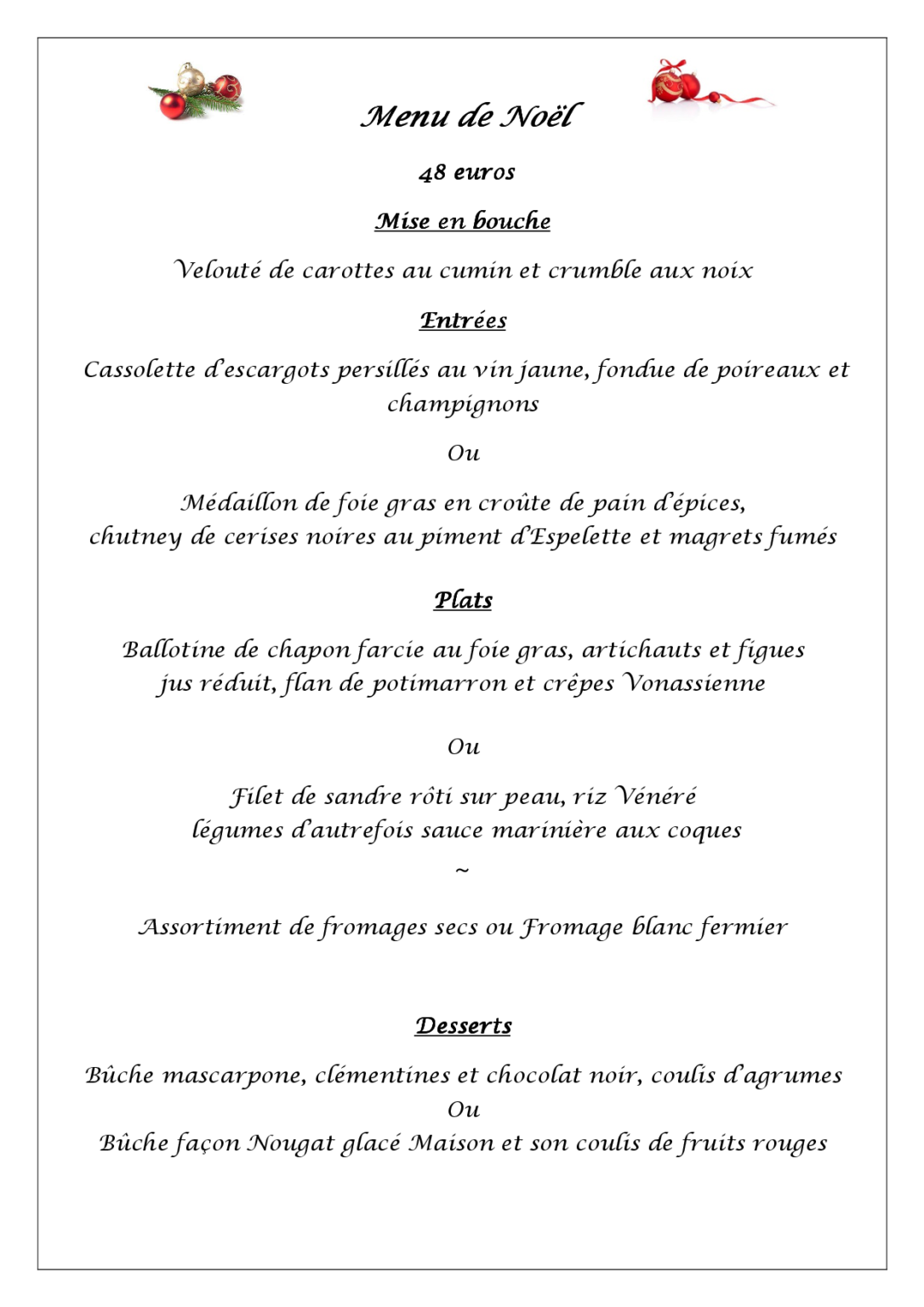 Menu de noel Restaurant la Gamm'Elles